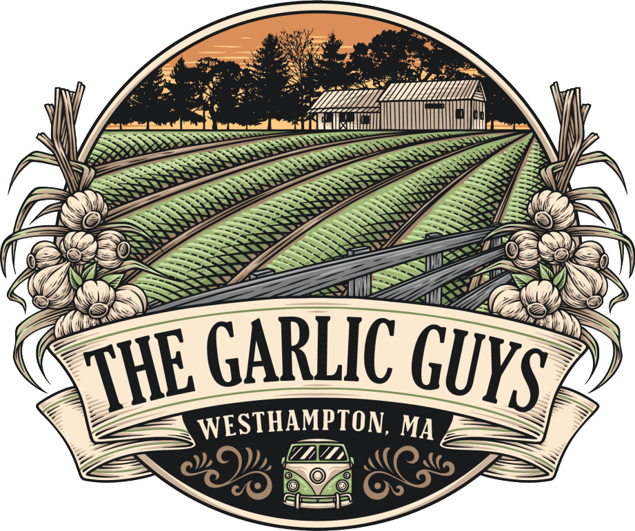 Logo sticker for "The Garlic Guys" with a farm scene, garlic bulbs, and VW bus