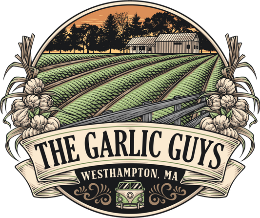 Logo sticker for "The Garlic Guys" with a farm scene, garlic bulbs, and VW bus